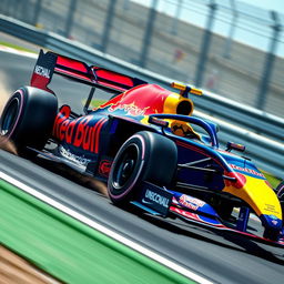 A Red Bull racing car, featuring an aerodynamic design with vibrant blue and yellow colors