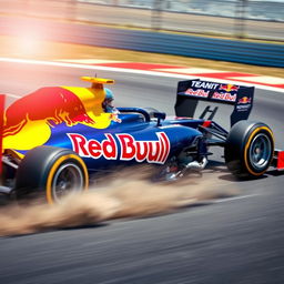 A Red Bull racing car, featuring an aerodynamic design with vibrant blue and yellow colors