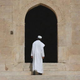 Generate an image of Imam Mahdi descending at Masjid Aqsa the following day, filled with light and hope, in stark contrast to the prior fear.