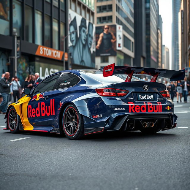 A street version of a Red Bull racing car, showcasing a sleek and modern design with vibrant blue and yellow colors similar to the official Red Bull branding