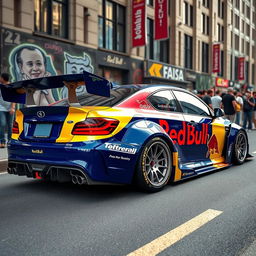A street version of a Red Bull racing car, showcasing a sleek and modern design with vibrant blue and yellow colors similar to the official Red Bull branding