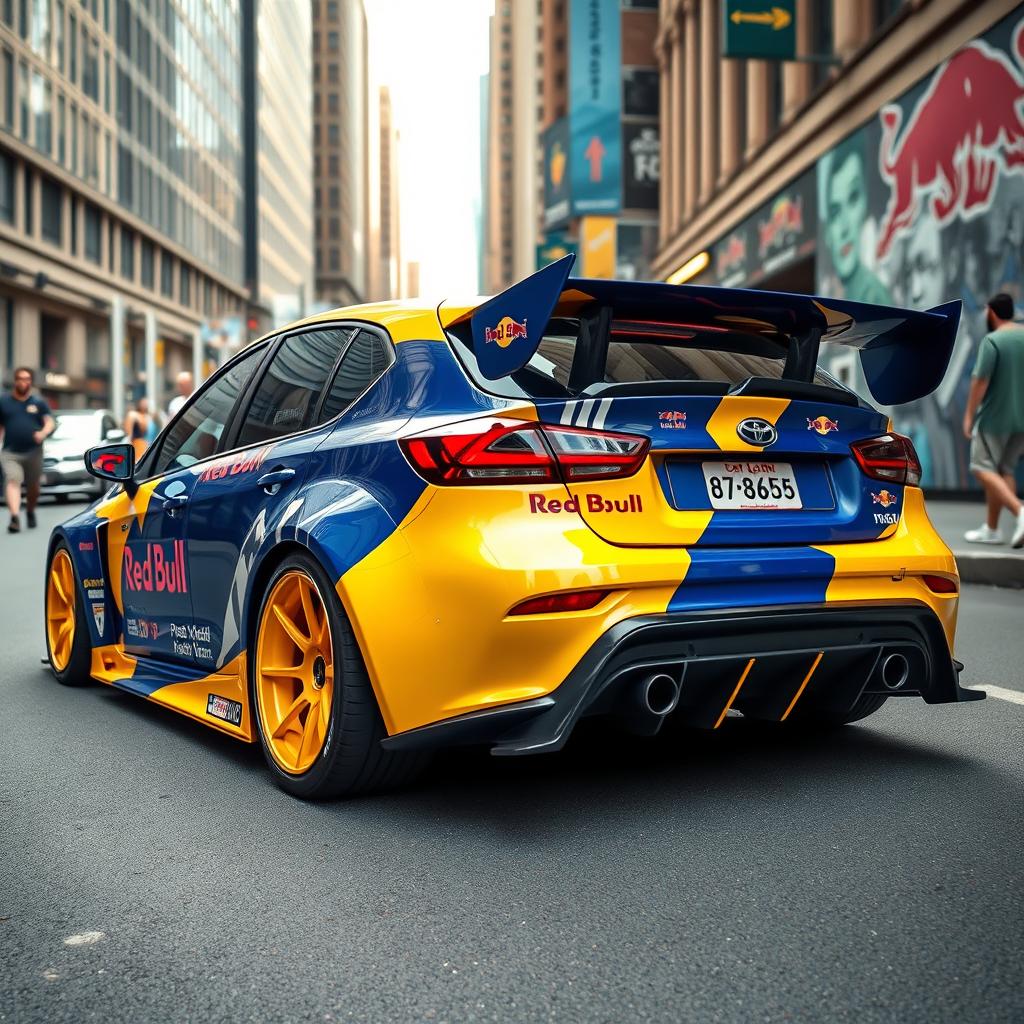 A street version of a Red Bull racing car, showcasing a sleek and modern design with vibrant blue and yellow colors similar to the official Red Bull branding