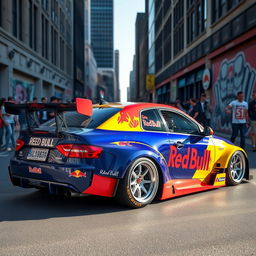 A street version of a Red Bull racing car, showcasing a sleek and modern design with vibrant blue and yellow colors similar to the official Red Bull branding