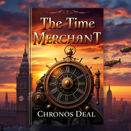 A captivating book cover for 'The Time Merchant' by Chronos Deal, embodying a Steampunk adventure theme