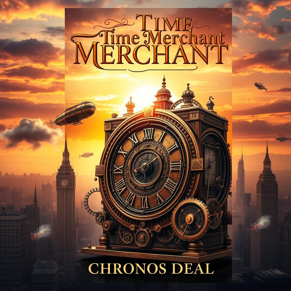 A captivating book cover for 'The Time Merchant' by Chronos Deal, embodying a Steampunk adventure theme