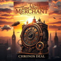 A captivating book cover for 'The Time Merchant' by Chronos Deal, embodying a Steampunk adventure theme