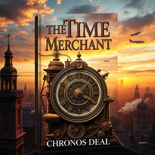 A captivating book cover for 'The Time Merchant' by Chronos Deal, embodying a Steampunk adventure theme