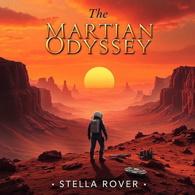 A captivating book cover for 'The Martian Odyssey' by Stella Rover, featuring a stunning red planet landscape with deep canyons, towering mountains, and a dramatic sunset casting orange and red hues across the sky