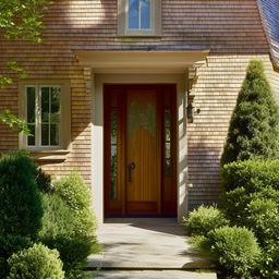 A cozy, welcoming home with a well-kept garden, a brick facade, and a large oak door