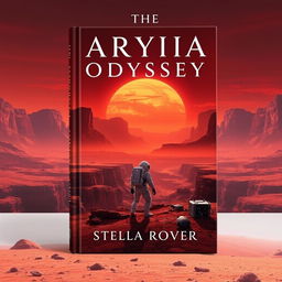 A captivating book cover for 'The Martian Odyssey' by Stella Rover, featuring a stunning red planet landscape with deep canyons, towering mountains, and a dramatic sunset casting orange and red hues across the sky