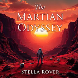 A captivating book cover for 'The Martian Odyssey' by Stella Rover, featuring a stunning red planet landscape with deep canyons, towering mountains, and a dramatic sunset casting orange and red hues across the sky