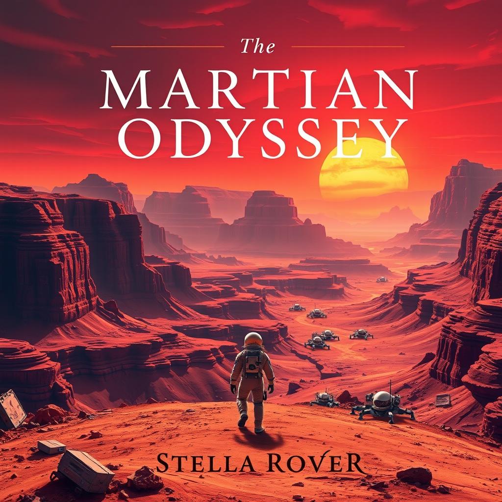 A captivating book cover for 'The Martian Odyssey' by Stella Rover, featuring a stunning red planet landscape with deep canyons, towering mountains, and a dramatic sunset casting orange and red hues across the sky