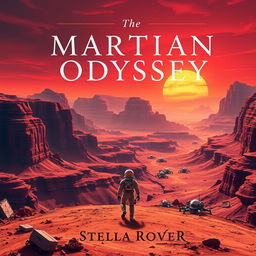 A captivating book cover for 'The Martian Odyssey' by Stella Rover, featuring a stunning red planet landscape with deep canyons, towering mountains, and a dramatic sunset casting orange and red hues across the sky