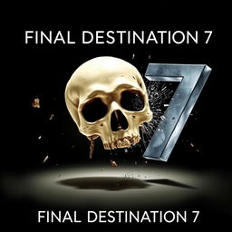 A dramatic movie poster for 'Final Destination 7', featuring a close-up of a skull falling toward the ground, appearing to shatter upon impact with a large metallic '7' crashing into it from the right side