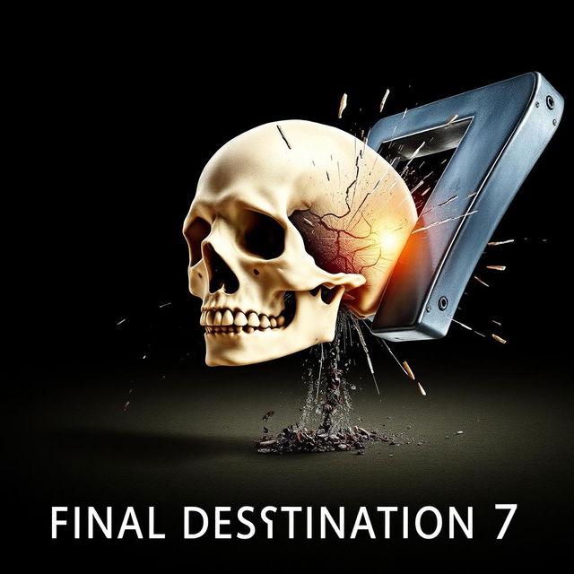 A dramatic movie poster for 'Final Destination 7', featuring a close-up of a skull falling toward the ground, appearing to shatter upon impact with a large metallic '7' crashing into it from the right side