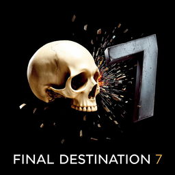 A dramatic movie poster for 'Final Destination 7', featuring a close-up of a skull falling toward the ground, appearing to shatter upon impact with a large metallic '7' crashing into it from the right side