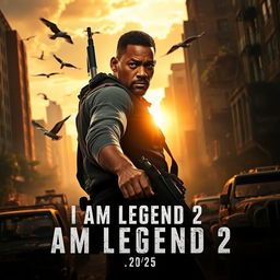 A dynamic and intense scene from a post-apocalyptic world representing the film 'I Am Legend 2 (2025)', featuring Will Smith as a rugged, determined character