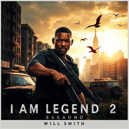 A dynamic and intense scene from a post-apocalyptic world representing the film 'I Am Legend 2 (2025)', featuring Will Smith as a rugged, determined character