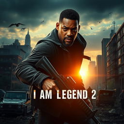 A dynamic and intense scene from a post-apocalyptic world representing the film 'I Am Legend 2 (2025)', featuring Will Smith as a rugged, determined character