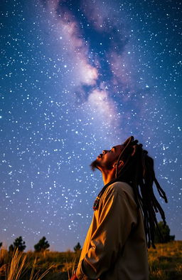 A young Rastafarian man, adorned with colorful beads on his long dreadlocks, gazes up towards the breathtaking Milky Way galaxy