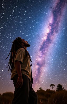 A young Rastafarian man, adorned with colorful beads on his long dreadlocks, gazes up towards the breathtaking Milky Way galaxy