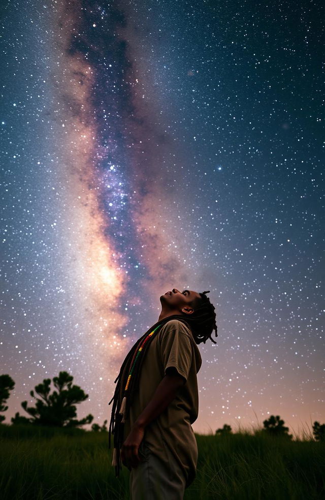 A young Rastafarian man, adorned with colorful beads on his long dreadlocks, gazes up towards the breathtaking Milky Way galaxy