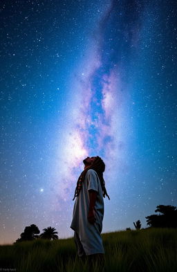 A young Rastafarian man, adorned with colorful beads on his long dreadlocks, gazes up towards the breathtaking Milky Way galaxy