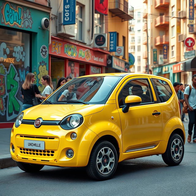 A street view of a 2025 Fiat Uno Mille, showcasing its compact and retro-modern design