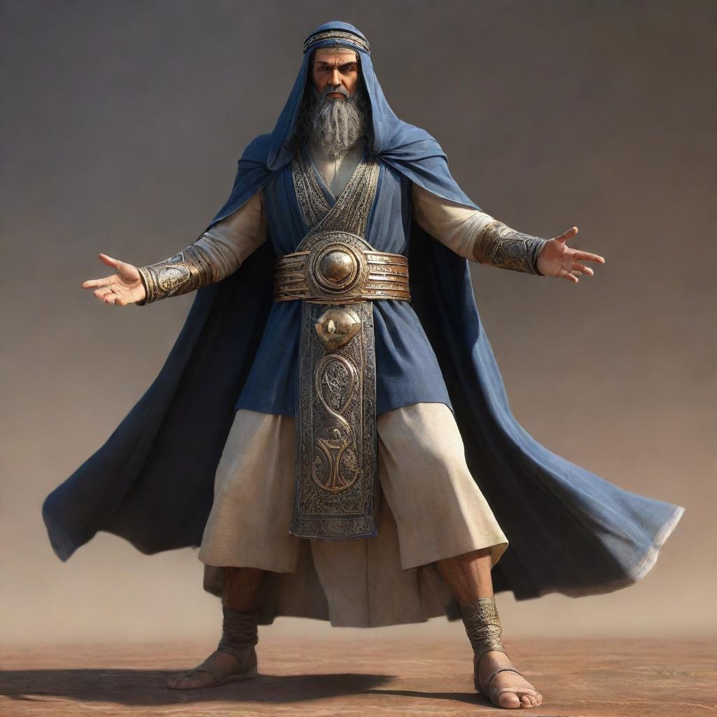 Generate an image showcasing Prophet Isa in an epic stance, preparing to engage in a confrontational battle against the one-eyed figure.