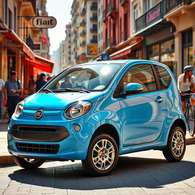 A 2025 Fiat Uno, designed for street use, displayed in a vibrant urban environment