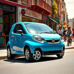 A 2025 Fiat Uno, designed for street use, displayed in a vibrant urban environment
