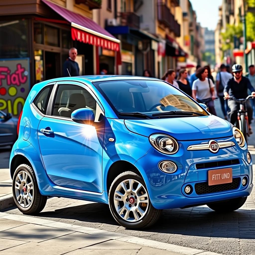 A 2025 Fiat Uno, designed for street use, displayed in a vibrant urban environment