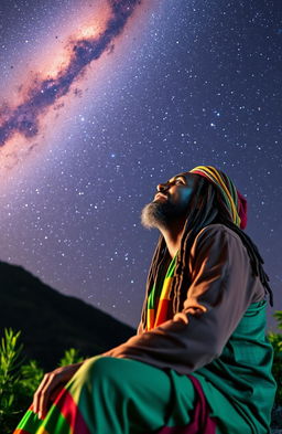 A Rastafarian man in traditional colorful attire with dreadlocks, gazing up at the stunning Milky Way galaxy