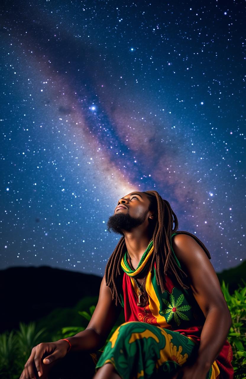 A Rastafarian man in traditional colorful attire with dreadlocks, gazing up at the stunning Milky Way galaxy