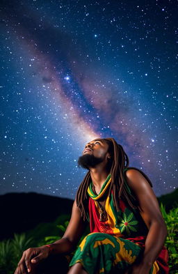 A Rastafarian man in traditional colorful attire with dreadlocks, gazing up at the stunning Milky Way galaxy