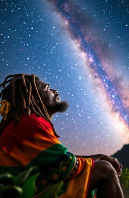 A Rastafarian man in traditional colorful attire with dreadlocks, gazing up at the stunning Milky Way galaxy