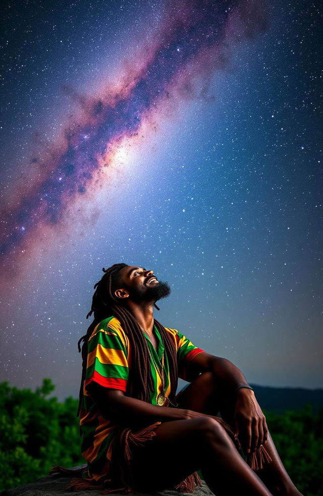 A Rastafarian man in traditional colorful attire with dreadlocks, gazing up at the stunning Milky Way galaxy