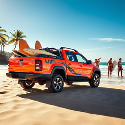 A 2025 Volkswagen Saveiro Surf, displayed in an adventurous outdoor setting, showcasing its pickup truck design tailored for a lifestyle of exploration and fun