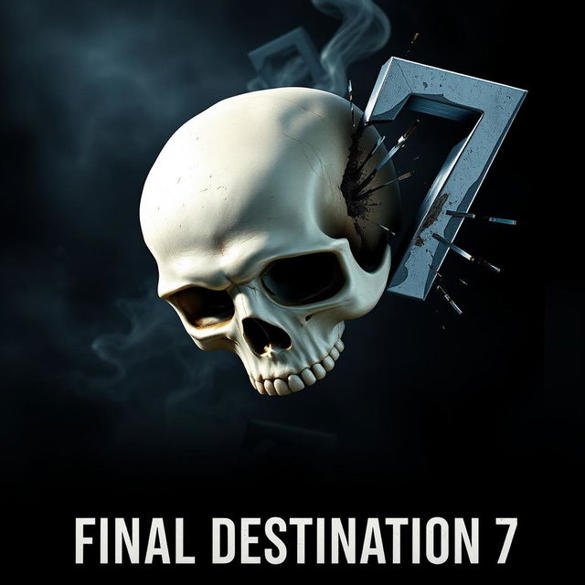 A movie poster for 'Final Destination 7' featuring a skull falling into the abyss