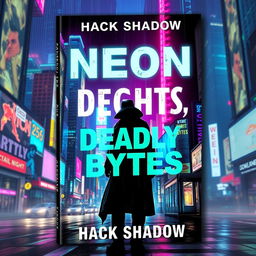A striking book cover design for 'Neon Nights, Deadly Bytes' by Hack Shadow