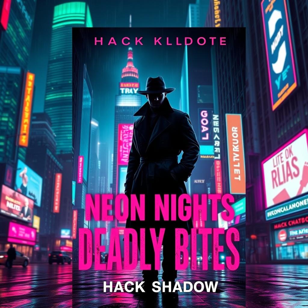 A striking book cover design for 'Neon Nights, Deadly Bytes' by Hack Shadow