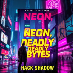 A striking book cover design for 'Neon Nights, Deadly Bytes' by Hack Shadow