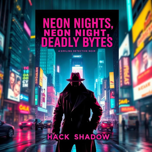 A striking book cover design for 'Neon Nights, Deadly Bytes' by Hack Shadow