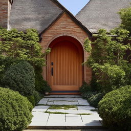 A cozy, welcoming home with a well-kept garden, a brick facade, and a large oak door