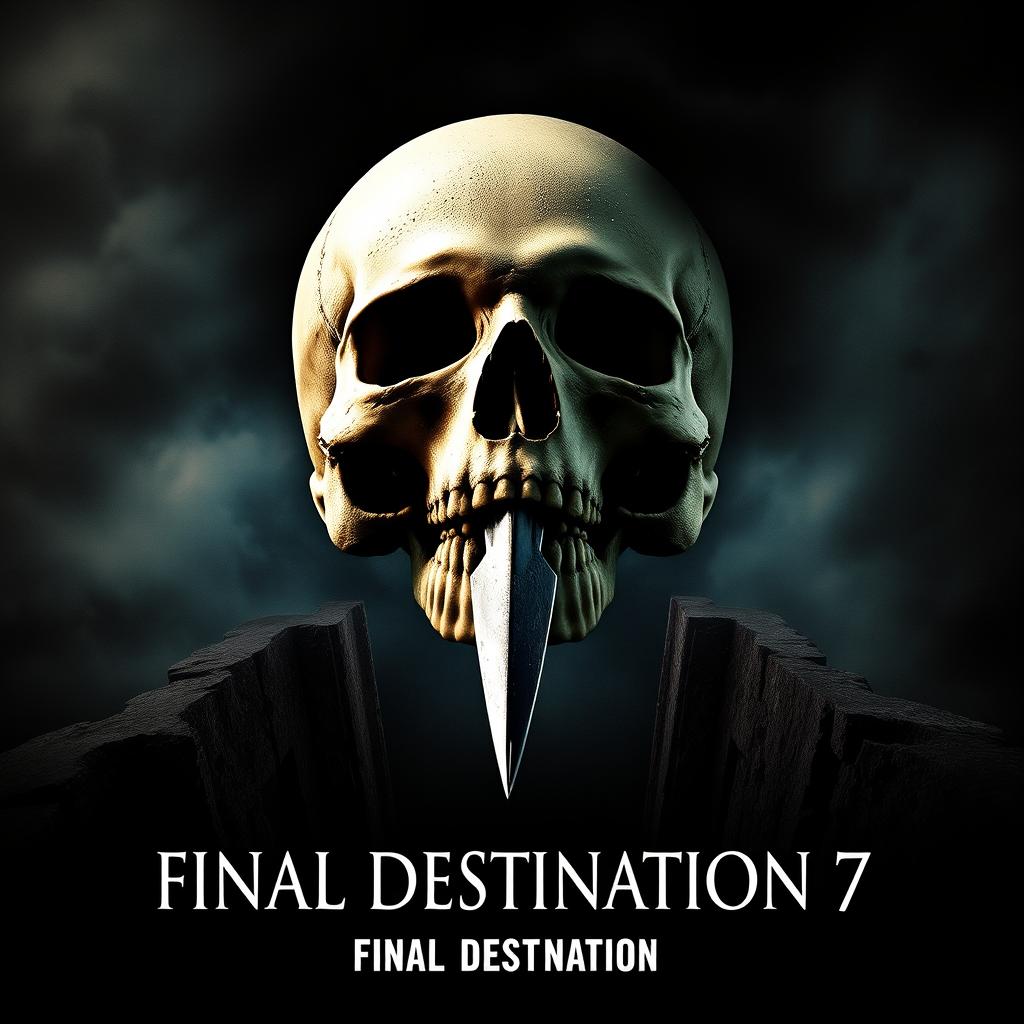 A movie poster for 'Final Destination 7', featuring a frontal view of a skull precariously positioned above a deep abyss