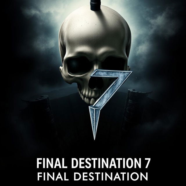 A movie poster for 'Final Destination 7', featuring a frontal view of a skull precariously positioned above a deep abyss