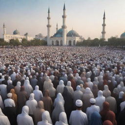 Generate an image illustrating a multitude of diverse people turning towards a mosque and embracing Islam, symbolizing unity and peace.