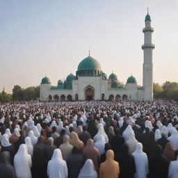 Generate an image illustrating a multitude of diverse people turning towards a mosque and embracing Islam, symbolizing unity and peace.