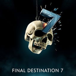 A movie poster for 'Final Destination 7', featuring a skull falling into a void with a dramatic angle, showing the skull facing front