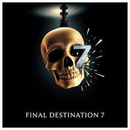 A movie poster for 'Final Destination 7', featuring a skull falling into a void with a dramatic angle, showing the skull facing front